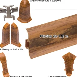 Monmobilierdesign Lot de 10 Plinthes goulotte passe-câble PVC 59 mm - 1,10 m avec angles, raccords et butées Chêne- Plinthe Pour Sol En Vinyle Et Pvc