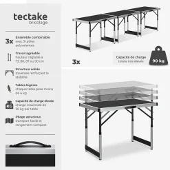 Tectake Outils Du Tapissier<Lot de 3 tables à tapisser pliable Hauteur réglable en 4 niveaux noir