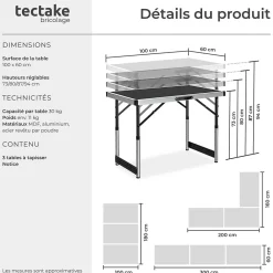 Tectake Outils Du Tapissier<Lot de 3 tables à tapisser pliable Hauteur réglable en 4 niveaux noir