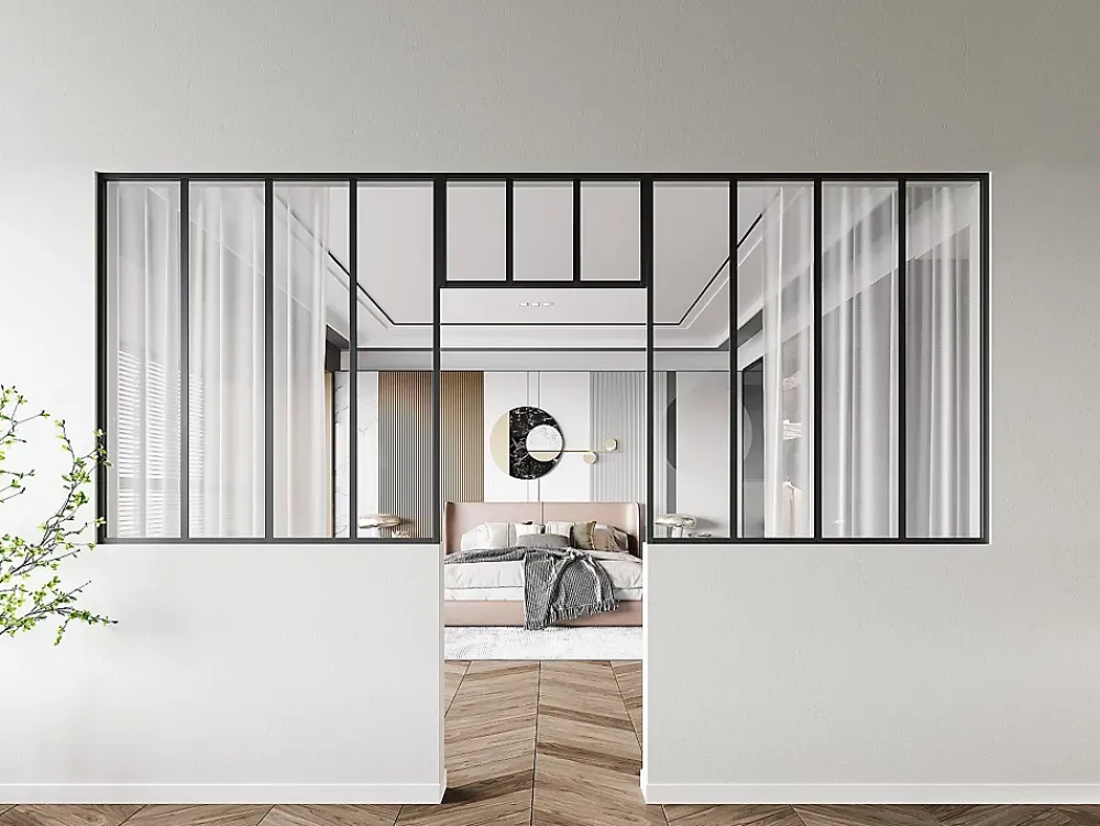 Vente-unique Lot de 2 verrières atelier avec imposte en aluminium thermolaqué - 2 x L120 x H130 + L73 x H40 cm - Noir - BAYVIEW- Verrière