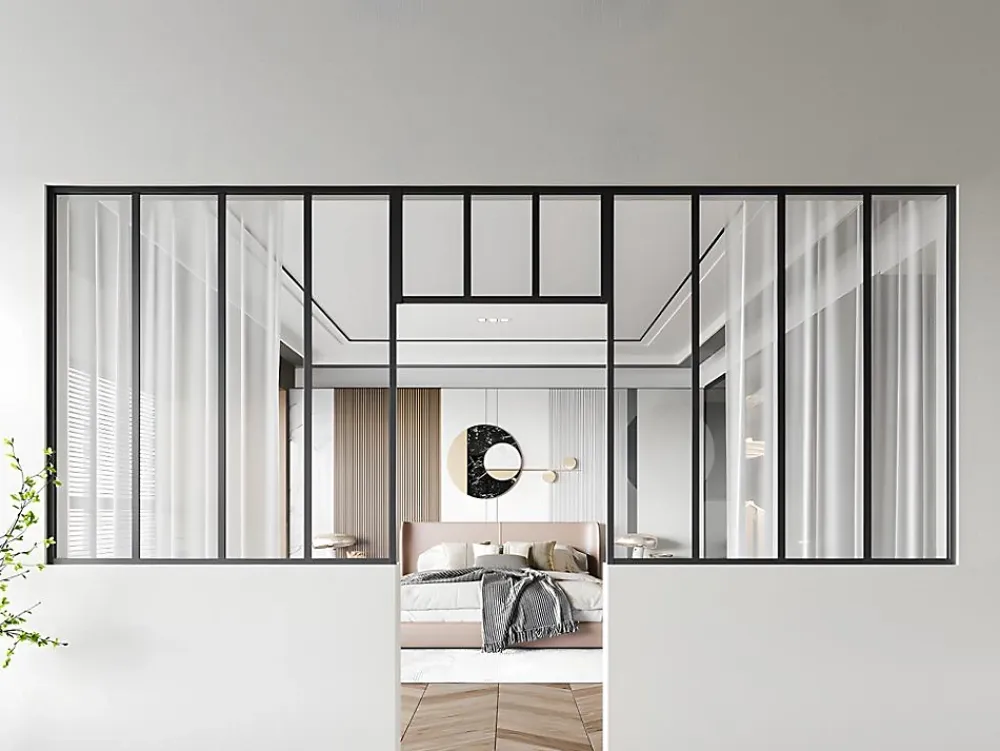 Vente-unique Lot de 2 verrières atelier avec imposte en aluminium thermolaqué - 2 x L120 x H130 + L73 x H40 cm - Noir - BAYVIEW- Verrière