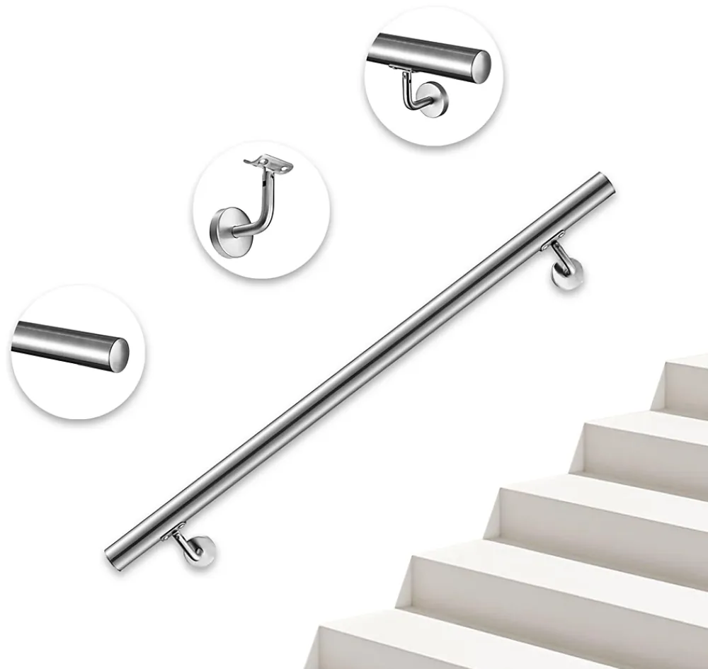 AICA Sanitaire Accessoire D'Escalier<Main courante - acier inox 304 - 100cm - Rampe escalier mural avec embouts - Pour intérieur et extérieur - Avec supports muraux