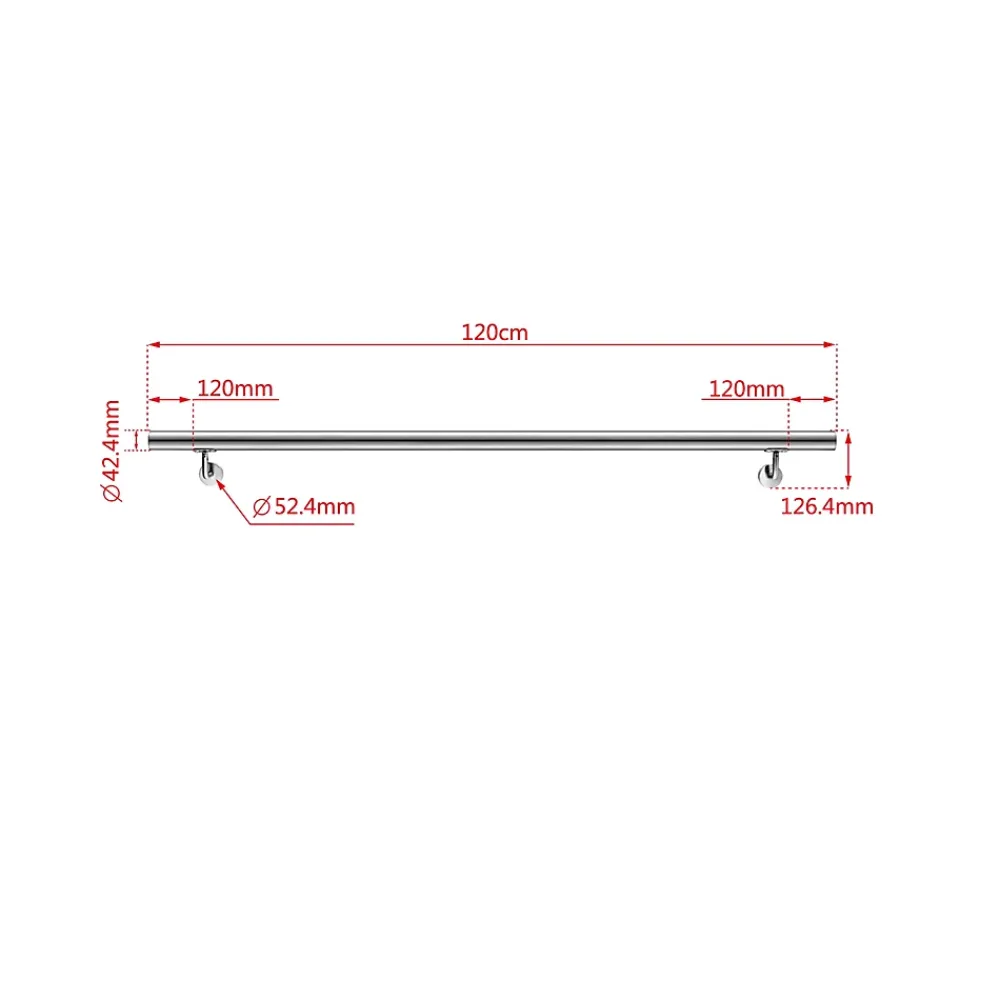 AICA Sanitaire Main courante - acier inox 304 - 120cm - Rampe escalier mural avec embouts - Pour intérieur et extérieur - Avec supports muraux- Accessoire D'Escalier