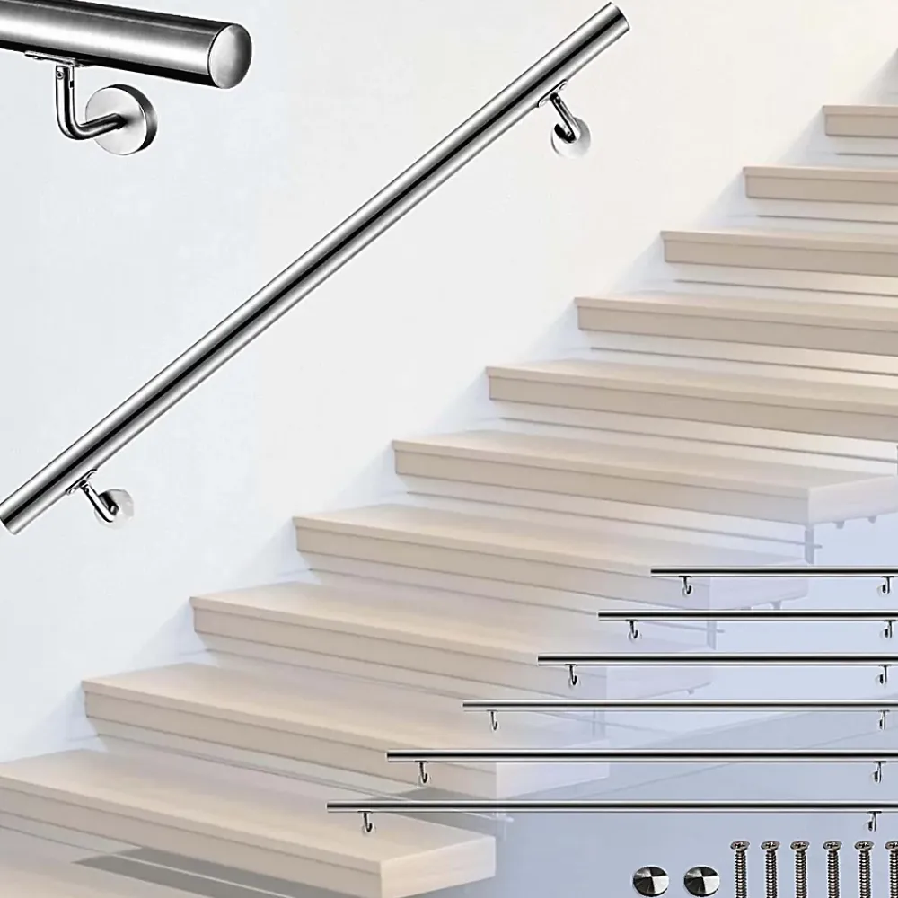 AICA Sanitaire Accessoire D'Escalier<Main courante 80cm diam 42.4mm inox 304 Argent avec 2 supports - rampe escalier murale