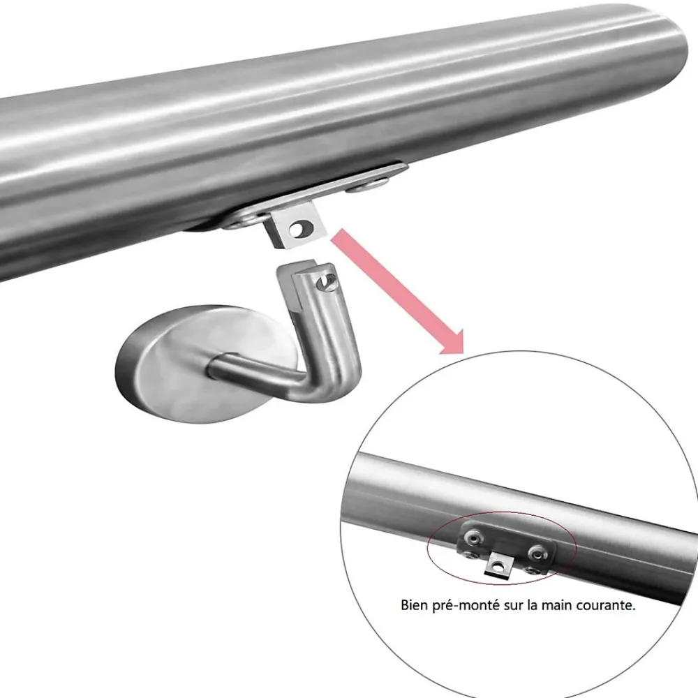 AICA Sanitaire Accessoire D'Escalier<Main courante 80cm diam 42.4mm inox 304 Argent avec 2 supports - rampe escalier murale