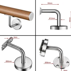 AICA Sanitaire Accessoire D'Escalier<Main courante 80cm, inox 304, Design naturel aspect bois, rampe d'escalier ronde, avec 2 supports muraux, intérieur & extérieur