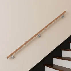 AICA Sanitaire Main courante 200cm, inox 304, Design naturel aspect bois, rampe d'escalier ronde, avec 3 supports muraux, intérieur & extérieur- Accessoire D'Escalier