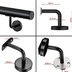AICA Sanitaire Accessoire D'Escalier<Main courante 220cm, inox 304, Noir mat, rampe d'escalier ronde, avec 3 supports muraux, intérieur & extérieur