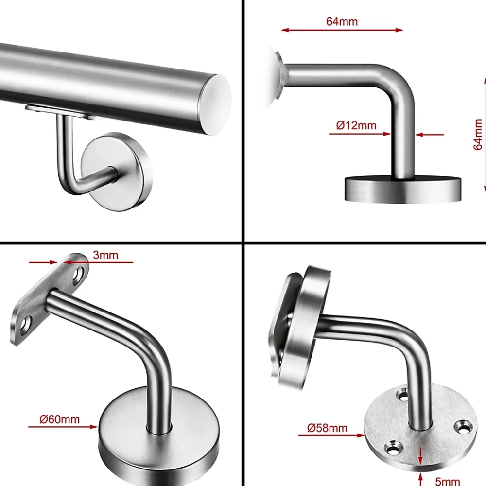 AICA Sanitaire Main courante 180cm, inox 304, rampe d'escalier ronde, avec 2 supports muraux, intérieur & extérieur- Accessoire D'Escalier