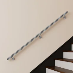 AICA Sanitaire Main courante 200cm, inox 304, rampe d'escalier ronde, avec 3 supports muraux, intérieur & extérieur- Accessoire D'Escalier