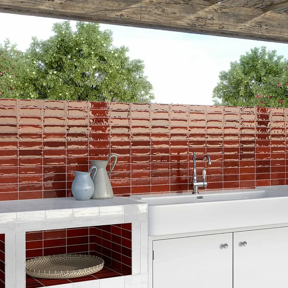 Lux Mosaic Mini Brick Série Calpe Red Porcelaine Premium 5x15cm.- Carrelage Mural Pour Cuisine
