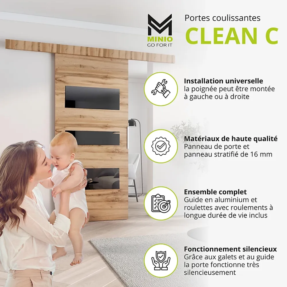 MINIO go for it , porte coulissante CLEAN C 86 cm portes de chambre, Chêne Wotan- Porte Coulissante