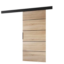 MINIO go for it Porte Coulissante<, porte coulissante PRIM1K96 cm, barre décorative, panneau supérieur, poignée de porte en noir, Chêne Sonoma/Noir