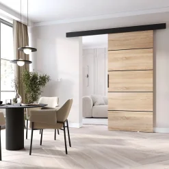 MINIO go for it Porte Coulissante<, porte coulissante PRIM1K96 cm, barre décorative, panneau supérieur, poignée de porte en noir, Chêne Sonoma/Noir