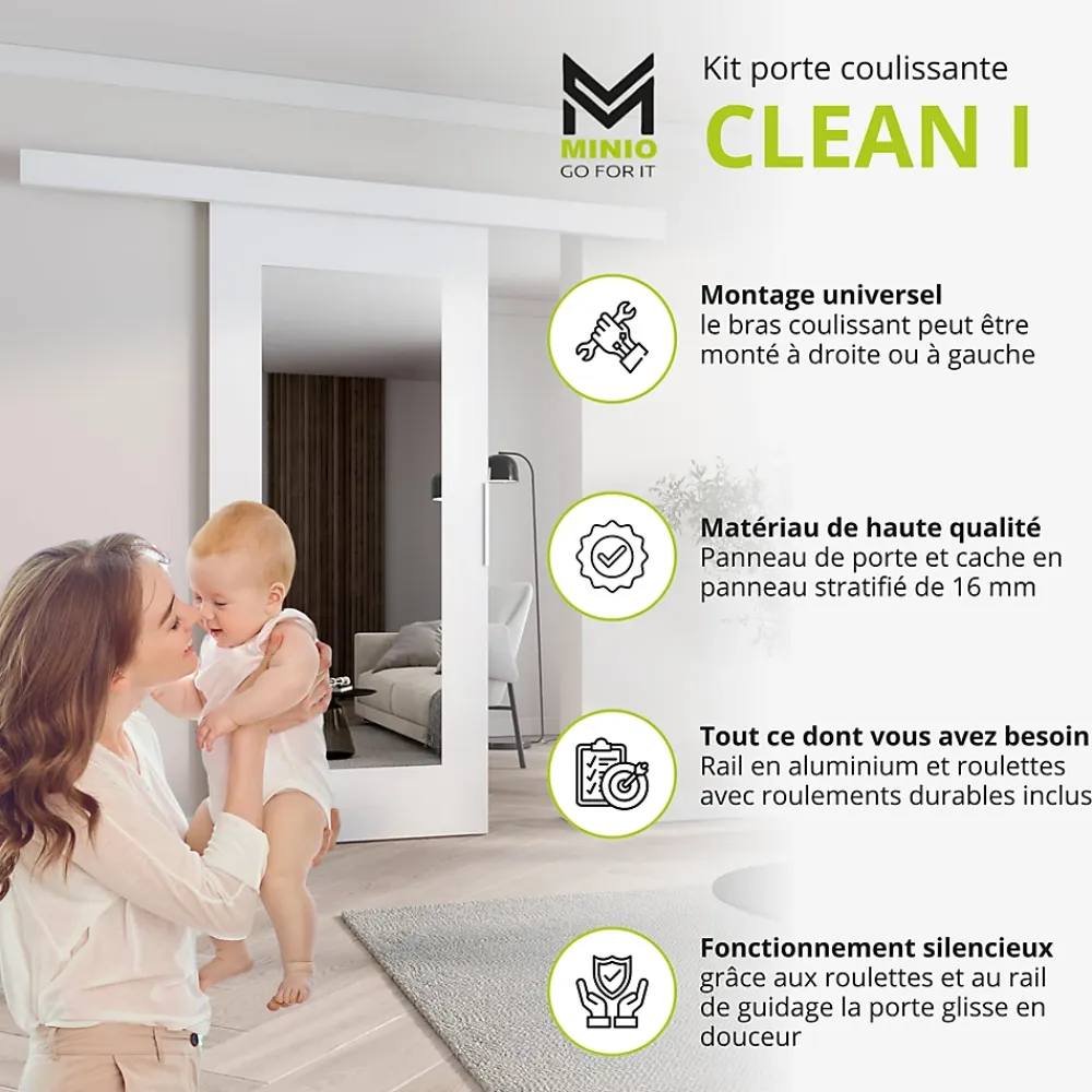 MINIO go for it Porte Coulissante<, porte coulissante CLEAN I 96 cm portes de chambre, avec miroir, Chêne Sonoma