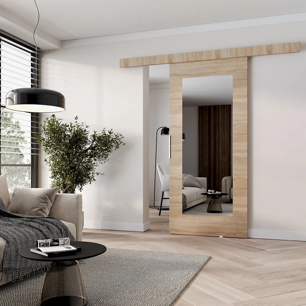MINIO go for it Porte Coulissante<, porte coulissante CLEAN I 86 cm portes de chambre, avec miroir, Chêne Sonoma