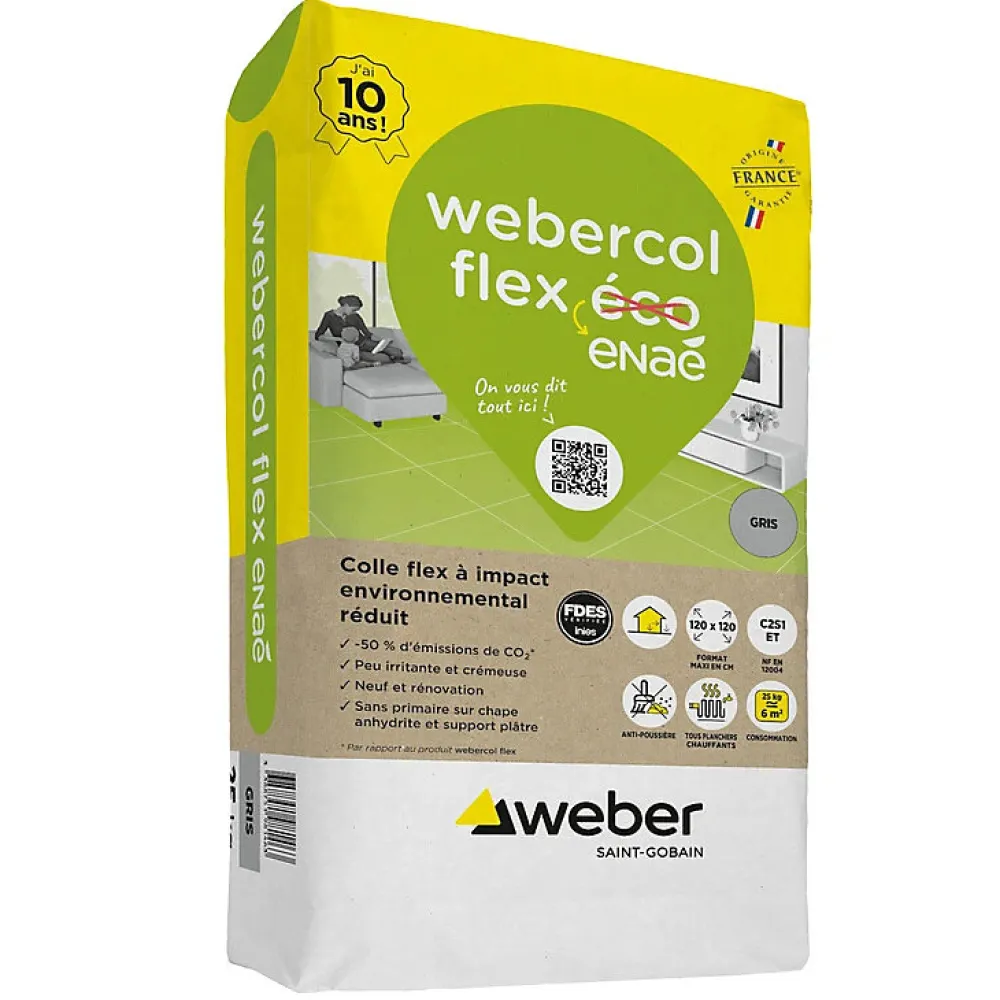 Weber Colle Carrelage Sol<Mortier - colle déformable pour carrelage (C2 et S1) COL FLEX ECO - Sac de 25 Kg - GRIS