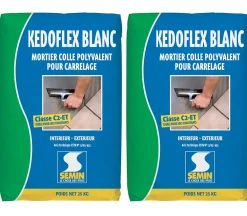 Semin Colle Carrelage Sol<Mortier Colle Polyvalent pour Carrelage Kedoflex Blanc , Intérieur/Extérieur, sac de 25 kg, lot de 2