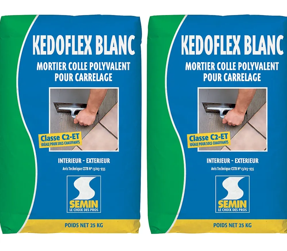 Semin Colle Carrelage Sol<Mortier Colle Polyvalent pour Carrelage Kedoflex Blanc , Intérieur/Extérieur, sac de 25 kg, lot de 2