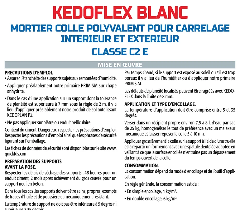 Semin Colle Carrelage Sol<Mortier Colle Polyvalent pour Carrelage Kedoflex Blanc , Intérieur/Extérieur, sac de 25 kg, lot de 2