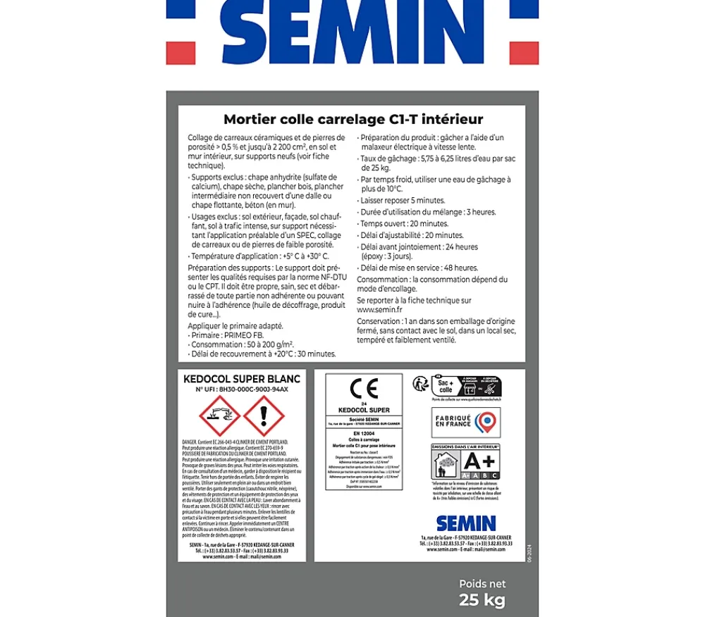 Semin Joint Carrelage Sol<Mortier Colle pour Carrelage Kedocol Super Blanc , Poudre, Intérieur, sac de 25 kg, lot de 2