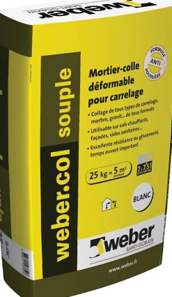 Weber Mortier-colle déformable col souple - blanc - sac de 25 kg - Mortier colle souple - Blanc - 25 kg- Colle Carrelage Sol