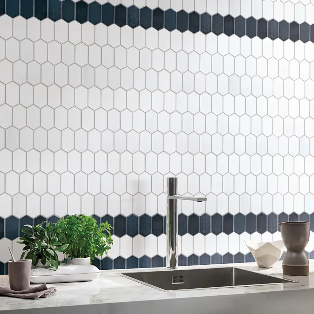 Carrelage Signature Mosaïque Pour Wc|Mosaïque Pour Salle De Bains<Mosaique de céramique Hexagone Long Blanc - vendu par plaque de 29,6X25,6 Cm -