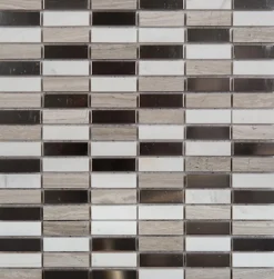 Carrelage Signature Mosaique de marbre Barrettes Blanc et Beige + Inox Argent - vendu par plaque de 30X30 cm -- Mosaïque Pour Pièce À Vivre