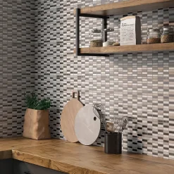 Carrelage Signature Mosaique de marbre Barrettes Blanc et Beige + Inox Argent - vendu par plaque de 30X30 cm -- Mosaïque Pour Pièce À Vivre