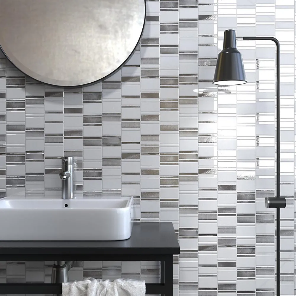 Carrelage Signature Mosaïque Pour Wc|Mosaïque Pour Salle De Bains<Mosaique de Mix Verre Blanc et Metal - vendu par plaque de 29,4X29,8 cm -