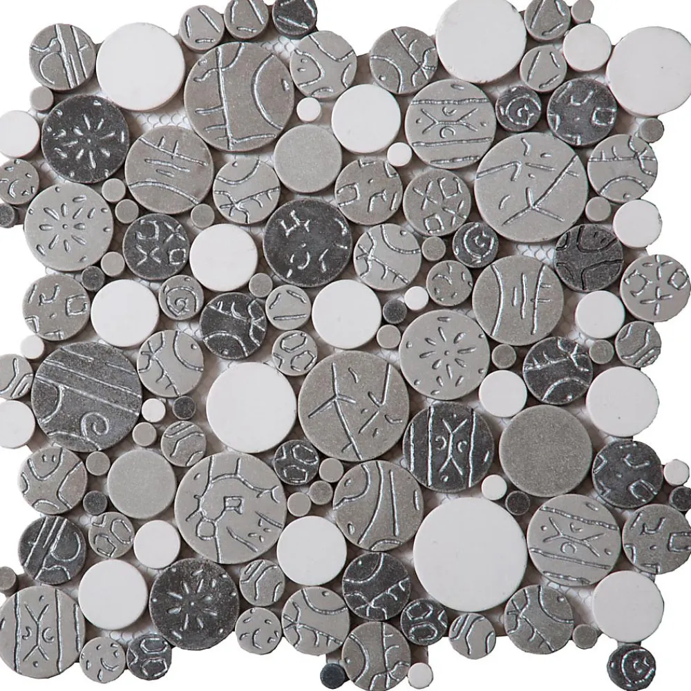 Carrelage Signature Mosaique de pierre reconstituee Rond Taupe Blanc et Argent - vendu par plaque de 30 X 30 cm- Mosaïque Pour Salle De Bains