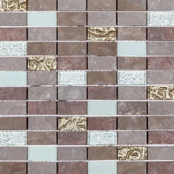 Carrelage Signature Mosaique de Quartzite 2.3 X 4.8 Cm Marron Naturel et Verre Blanc/Beig 30X30 cm -- Mosaïque Pour Salle De Bains|Mosaïque