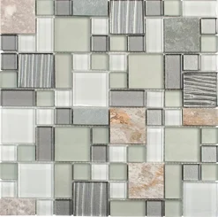Carrelage Signature Mosaique de Quartzite Multiformat et Verre Gris - vendu par plaque de 30X30 Cm -- Mosaïque Pour Salle De Bains|Mosaïque Pour Douche
