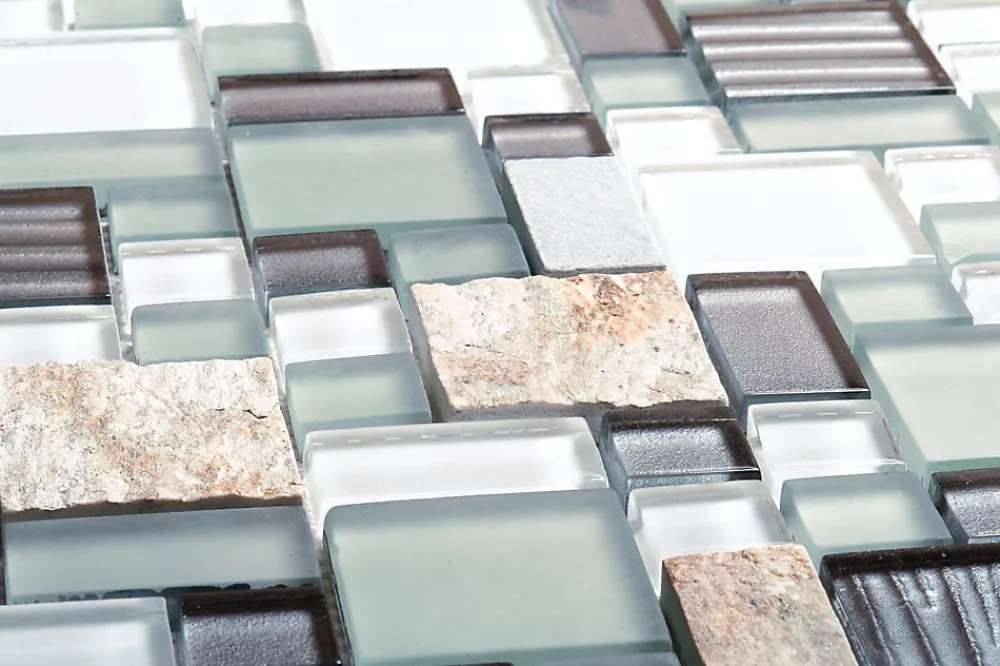 Carrelage Signature Mosaique de Quartzite Multiformat et Verre Gris - vendu par plaque de 30X30 Cm -- Mosaïque Pour Salle De Bains|Mosaïque Pour Douche