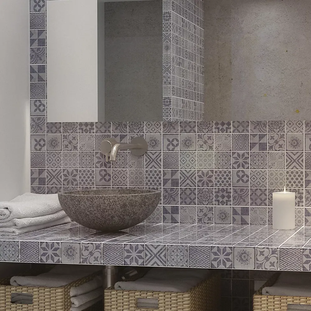 Carrelage Signature Mosaïque Pour Wc|Mosaïque Pour Salle De Bains<Mosaique de Verre Motif Carreau Ciment Bleu/Gris 5X5 cm - vendu par plaque de 29.8X29.8 cm -