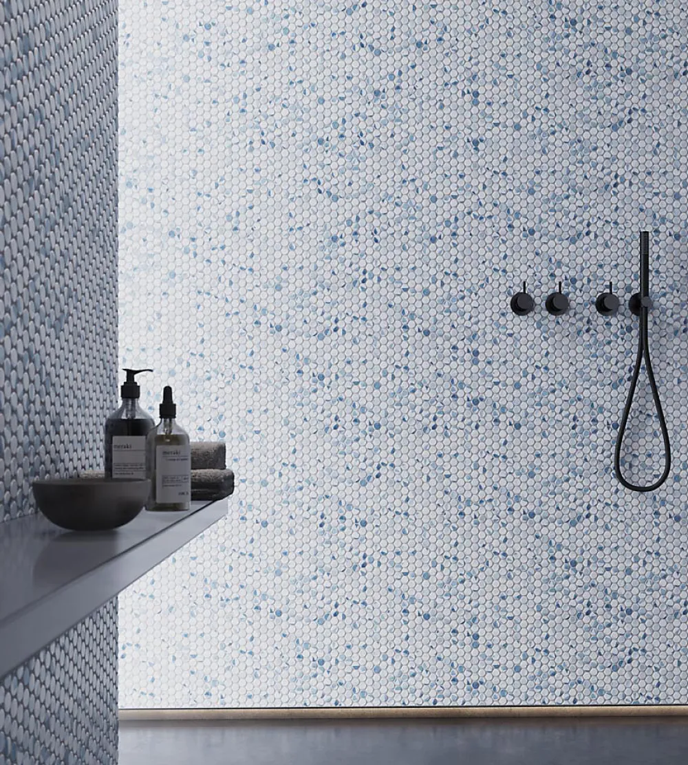 Carrelage Signature Mosaïque Pour Douche<Mosaique de verre recycle Ronde Blanc Bleu Geo - vendu par plaque de 29,7X30,5 cm-