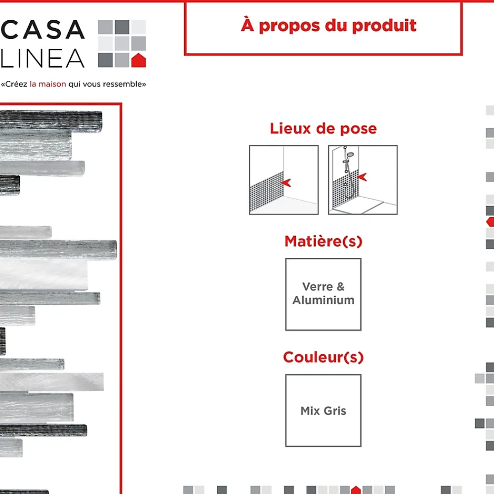 Casa Linéa Mosaïque Pour Salle De Bains|Mosaïque<MOSAIQUE MF TUBE MIX GRIS ALU 1 PLAQUE 30 x 30 CM CASA LINEA
