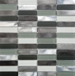 Carrelage Signature Mosaïque d'aluminium brosse et verre Mix Gris Barrettes 2X7.3 cm - vendu par plaque de 30.3 X29.7 cm -- Mosaïque Pour Salle De Bains