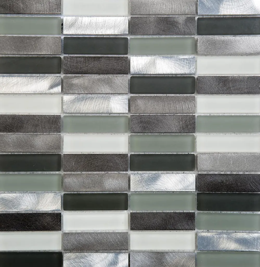 Carrelage Signature Mosaïque d'aluminium brosse et verre Mix Gris Barrettes 2X7.3 cm - vendu par plaque de 30.3 X29.7 cm -- Mosaïque Pour Salle De Bains