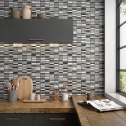 Carrelage Signature Mosaïque d'aluminium brosse et verre Mix Gris Barrettes 2X7.3 cm - vendu par plaque de 30.3 X29.7 cm -- Mosaïque Pour Salle De Bains