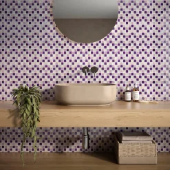 Carrelage Signature Mosaïque de verre 2.3X2.3 cm Blanc et Violet + Pierre Rose - vendu par plaque de 30X30 cm- Mosaïque Pour Pièce À Vivre|Mosaïque Pour Wc