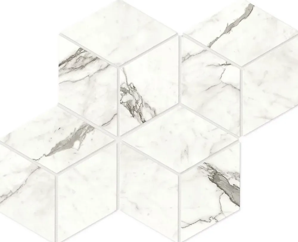 Ro'Ma Carrelage Mosaïque effet Marbre Blanc Calacatta Majestic Hexa Cube 35x30x0,9 cm Brillant Faventa - Mur intérieur (vendu par carton de 0,42 m- Mosaïque Pour Pièce À Vivre|Mosaïque Pour Wc