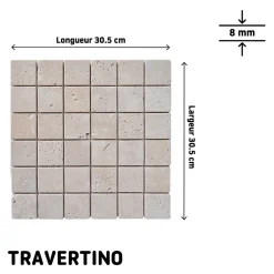 Mosaïque sol et mur en travertin grands carrés L.31,5 x l.31,5 cm x ép.8 mm, Travertino- Travertin|Mosaïque Pour Douche
