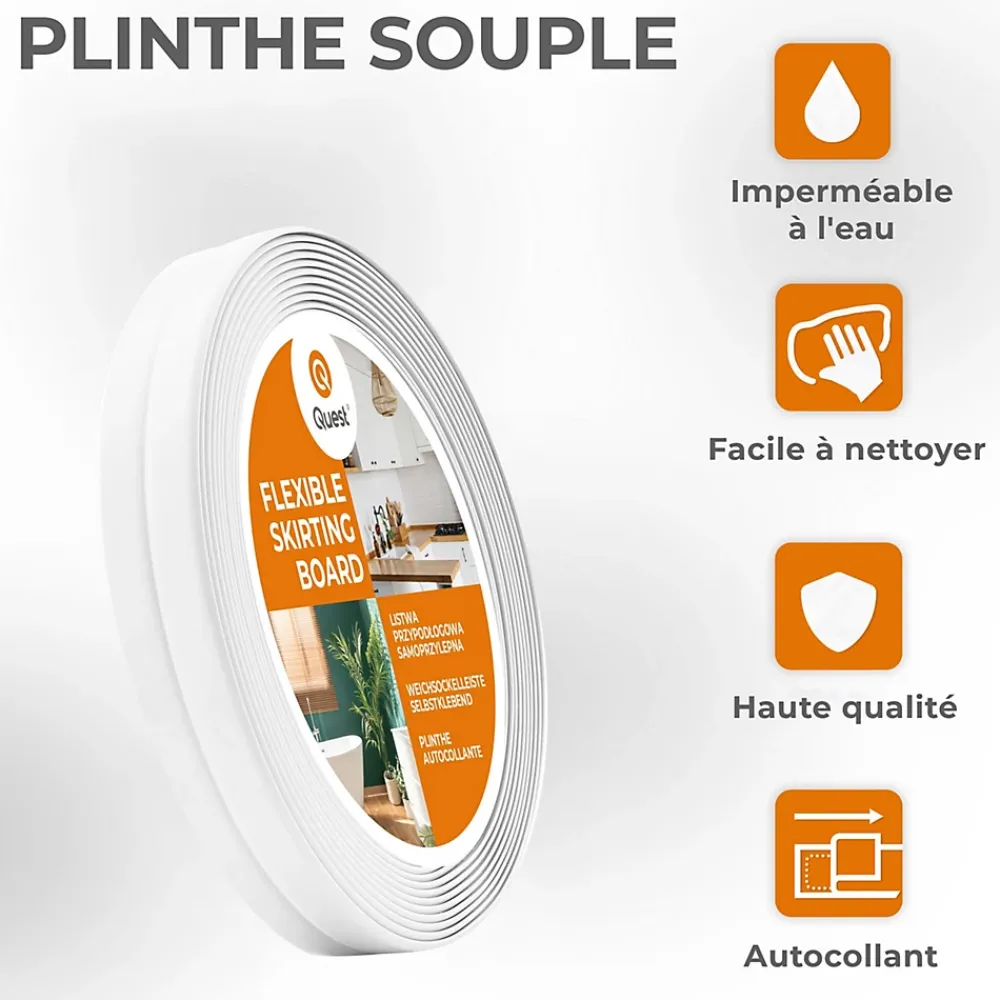 Quest Plinthe Pour Sol En Vinyle Et Pvc<Moulure Souple Auto-Adhésive en PVC 10x10 mm, Plinthe Souple, Bande Élastique pour Finitions et Étanchéité des Jonctions, blanc, 5