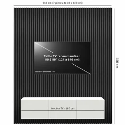 Decoon Panneau Tasseau Bois<Mur TV - Lot de 7 Panneaux tasseaux bois 250 x 30 x 1,9 cm - Lamelles placage noir fond noir - 5,25m²
