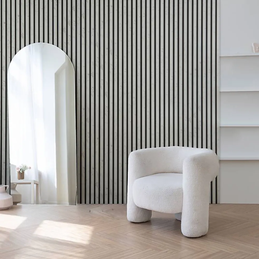Decoon Panneau Tasseau Bois<Mur TV - Lot de 7 Panneaux tasseaux bois 250 x 30 x 1,9 cm - décor marbre blanc/feutrine noir - 5,25m²