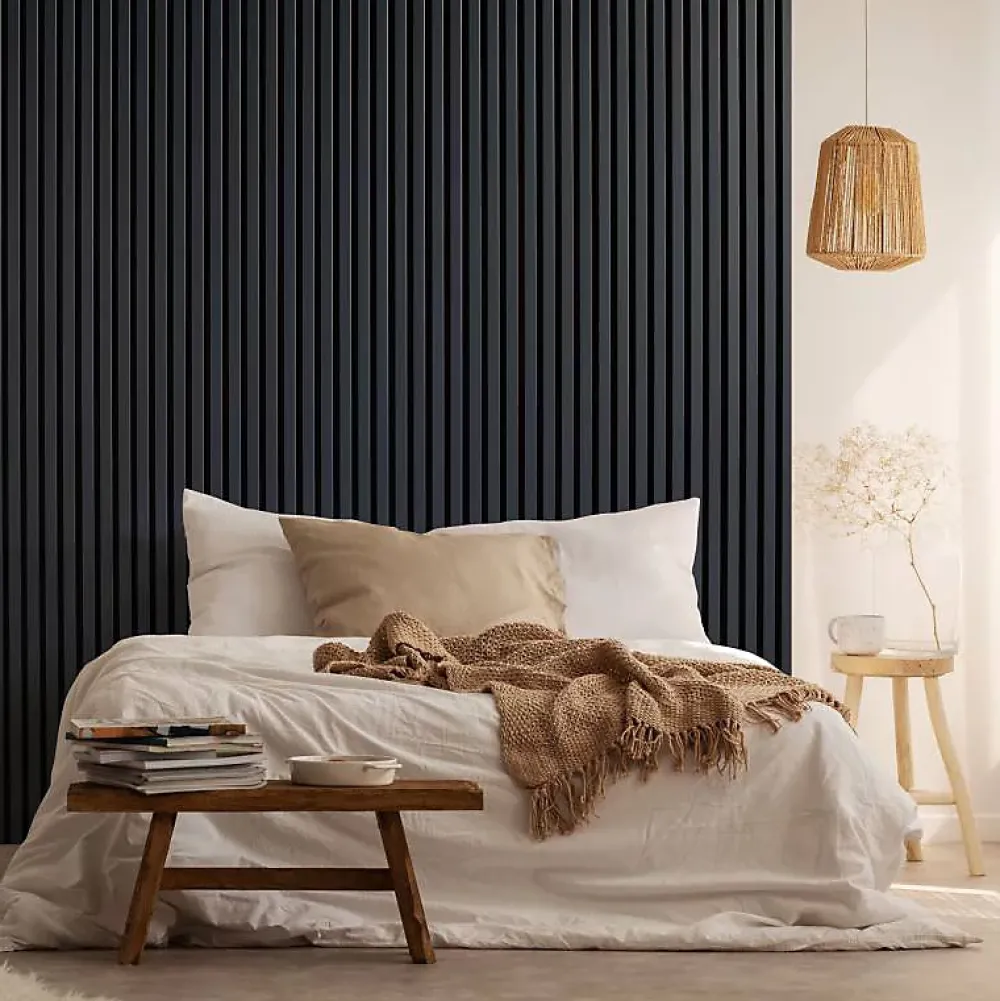 Decoon Mur TV - Lot de 7 Panneaux tasseaux bois 250 x 30 x 1,9 cm - bleu nuit/feutrine noir - 5,25m²- Panneau Tasseau Bois