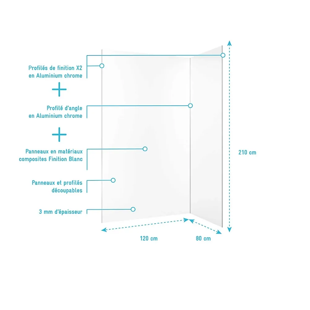 Aurlane Panneau Mural De Salle De Bains<Pack 2 Panneaux Muraux en Aluminium Blanc 80+120x210 cm + Profilés Chrome