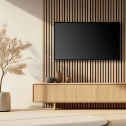 Decoon Panneau Tasseau Bois<Pack Acoustic Mur TV tasseaux bois - Lot de 5 panneaux 250x30x1,9 cm - Lamelles chêne clair véritable fond noir - 3,75m²