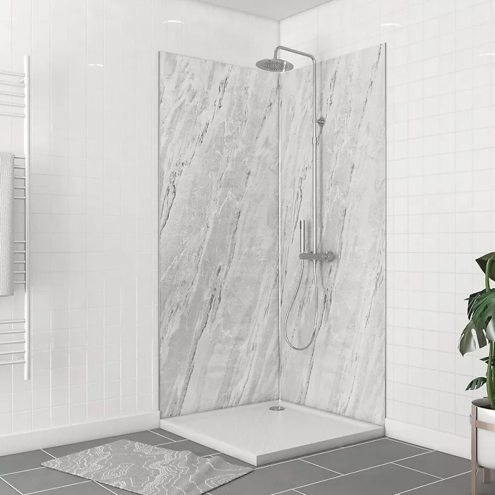 Galedo Panneau Mural De Salle De Bains<Pack de 2 panneaux muraux de salle de bains, gris effet marbre avec profilés chromés, l.90+90 x H.210 x P.0,3 cm, Homestone